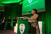 17 August 2018; Rose McAllorum announces the Noel O'Reilly Coach of the Year Award recipient during the FAI Delegates Dinner & FAI Communications Awards at the Rochestown Park Hotel in Cork. Photo by Stephen McCarthy/Sportsfile