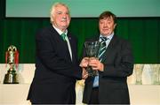 17 August 2018; Pat Greene accepts a John Sherlock Services to Football Award on behalf of the late Pat Smyth of Greystones United AFC from FAI President Tony Fitzgerald at the FAI Delegates Dinner & FAI Communications Awards at the Rochestown Park Hotel in Cork. Photo by Stephen McCarthy/Sportsfile