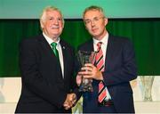 17 August 2018; Ciaran Collins of Fern Celtic FC, Clare, receives his John Sherlock Services to Football Award from FAI President Tony Fitzgerald at the FAI Delegates Dinner & FAI Communications Awards at the Rochestown Park Hotel in Cork. Photo by Stephen McCarthy/Sportsfile