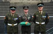 19 August 2018; Members of the Irish Defence Forces, from left, Sergeant Ian Jones, Captain Dermot Considine and Sergeant Brian Harte prior to raising the  Irish tricolour ahead of the GAA Hurling All-Ireland Senior Championship Final between Galway and Limerick at Croke Park in Dublin. Photo by Stephen McCarthy/Sportsfile