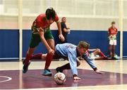 19 August 2018; Daniel Core of Graiguecullen, Co. Carlow, left, in action against Harry Long of Caherdavin, Co. Limerick, during the Futsal U15 & O12 Boys event during day two of the Aldi Community Games August Festival at the University of Limerick in Limerick. Photo by Sam Barnes/Sportsfile