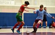 19 August 2018; Daniel Core of Graiguecullen, Co. Carlow, left, in action against Harry Long of Caherdavin, Co. Limerick, during the Futsal U15 & O12 Boys event during day two of the Aldi Community Games August Festival at the University of Limerick in Limerick. Photo by Sam Barnes/Sportsfile
