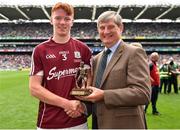 19 August 2018; Pat O’Doherty, ESB Chief Executive at the Electric Ireland GAA Minor Championships, presents Shane Jennings of Galway with the Player of the Match award for his major performance in the Electric Ireland GAA Minor Hurling Championship Final. Throughout the Championships, fans can follow the conversation, vote for their player of the week, support the Minors and be a part of something major through the hashtag #GAAThisIsMajor. Photo by Seb Daly/Sportsfile