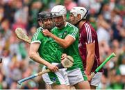 19 August 2018; Graeme Mulcahy of Limerick celebrates after scoring his side's first goal with team-mate Kyle Hayes during the GAA Hurling All-Ireland Senior Championship Final match between Galway and Limerick at Croke Park in Dublin.  Photo by Brendan Moran/Sportsfile
