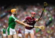 19 August 2018; Jonathan Glynn of Galway attempts to block the clearance of Richie English of Limerick during the GAA Hurling All-Ireland Senior Championship Final match between Galway and Limerick at Croke Park in Dublin. Photo by Stephen McCarthy/Sportsfile