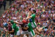 19 August 2018; Diarmuid Byrnes of Limerick jumps highest, ahead of teammates Seán Finn and Mike Casey, and Galway fordwards Conor Cooney and Jonathan Glynnof Galway, but fails to catch the sliothar during the GAA Hurling All-Ireland Senior Championship Final match between Galway and Limerick at Croke Park in Dublin. Photo by Ray McManus/Sportsfile