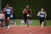 19 August 2018; Simon Archer, left, Finn Valley A.C. races ahead of Paschal Laroche, Clonliffe Harriers A.C. and Patrick Lynch, Tipperary County, during the Premier Mens 200m event during the AAI National League Final at Tullamore Harriers Stadium in Offaly. Photo by Barry Cregg/Sportsfile