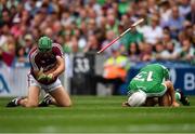 19 August 2018; Adrian Tuohy of Galway and Aaron Gillane of Limerick react after colliding during the GAA Hurling All-Ireland Senior Championship Final match between Galway and Limerick at Croke Park in Dublin. Photo by Seb Daly/Sportsfile