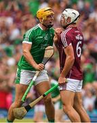 19 August 2018; Tom Morrissey of Limerick celebrates in the face of Gearóid McInerney of Galway after scoring his side's second goal in the 54th minute of the GAA Hurling All-Ireland Senior Championship Final match between Galway and Limerick at Croke Park in Dublin.  Photo by Ray McManus/Sportsfile