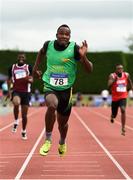 19 August 2018; Travane Morrison, Kerry County, crosses the line to win the Divison 1 Mens 100m event during the AAI National League Final at Tullamore Harriers Stadium in Offaly. Photo by Barry Cregg/Sportsfile