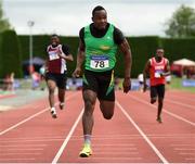 19 August 2018; Travane Morrison, Kerry County, crosses the line to win the Divison 1 Mens 100m event during the AAI National League Final at Tullamore Harriers Stadium in Offaly. Photo by Barry Cregg/Sportsfile