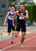 19 August 2018; Leo Morgan, Clonliffe Harriers A.C., Dublin, comes to the line ahead of Danny Browne, left, Finn Valley A.C.to win the Premier Mens 100m event during the AAI National League Final at Tullamore Harriers Stadium in Offaly. Photo by Barry Cregg/Sportsfile