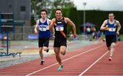 19 August 2018; Leo Morgan, Clonliffe Harriers A.C, Dublin, comes to the line ahead of Danny Browne, left, Finn Valley A.C.and Patrick Lynch, Tipperary County, to win the Premier Mens 100m event during the AAI National League Final at Tullamore Harriers Stadium in Offaly. Photo by Barry Cregg/Sportsfile