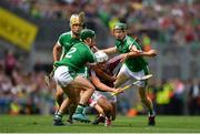 19 August 2018; Jason Flynn of Galway is tackled by Seán Finn of Limerick during the GAA Hurling All-Ireland Senior Championship Final match between Galway and Limerick at Croke Park in Dublin. Photo by Eóin Noonan/Sportsfile