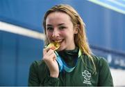19 August 2018; Ellen Keane of Ireland celebrates with her gold medal after winning the final of the Women's 100m Breaststroke SB8 event during day seven of the World Para Swimming Allianz European Championships at the Sport Ireland National Aquatic Centre in Blanchardstown, Dublin. Photo by David Fitzgerald/Sportsfile