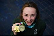 19 August 2018; Ellen Keane of Ireland celebrates with her gold medal after winning the final of the Women's 100m Breaststroke SB8 event, and bronze medal, won in the Women's 200m Individual Medley SM9 event, on day five, during day seven of the World Para Swimming Allianz European Championships at the Sport Ireland National Aquatic Centre in Blanchardstown, Dublin. Photo by David Fitzgerald/Sportsfile