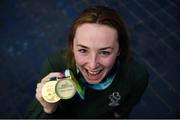 19 August 2018; Ellen Keane of Ireland celebrates with her gold medal after winning the final of the Women's 100m Breaststroke SB8 event, and bronze medal, won in the Women's 200m Individual Medley SM9 event, on day five, during day seven of the World Para Swimming Allianz European Championships at the Sport Ireland National Aquatic Centre in Blanchardstown, Dublin. Photo by David Fitzgerald/Sportsfile