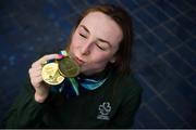 19 August 2018; Ellen Keane of Ireland celebrates with her gold medal after winning the final of the Women's 100m Breaststroke SB8 event, and bronze medal, won in the Women's 200m Individual Medley SM9 event, on day five, during day seven of the World Para Swimming Allianz European Championships at the Sport Ireland National Aquatic Centre in Blanchardstown, Dublin. Photo by David Fitzgerald/Sportsfile
