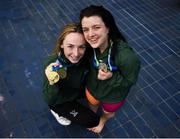 19 August 2018; Ellen Keane of Ireland, left, celebrates with her gold medal after winning the final of the Women's 100m Breaststroke SB8 event, and bronze medal, won in the Women's 200m Individual Medley SM9 event, on day five, and team mate Nicole Turner with her silver medal, won on day six in the Women's 50m Butterfly S6, during day seven of the World Para Swimming Allianz European Championships at the Sport Ireland National Aquatic Centre in Blanchardstown, Dublin. Photo by David Fitzgerald/Sportsfile