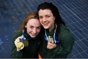 19 August 2018; Ellen Keane of Ireland, left, celebrates with her gold medal after winning the final of the Women's 100m Breaststroke SB8 event, and bronze medal, won in the Women's 200m Individual Medley SM9 event, on day five, and team mate Nicole Turner with her silver medal, won on day six in the Women's 50m Butterfly S6, during day seven of the World Para Swimming Allianz European Championships at the Sport Ireland National Aquatic Centre in Blanchardstown, Dublin. Photo by David Fitzgerald/Sportsfile