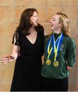 19 August 2018; Ellen Keane of Ireland, right, with her gold and bronze medals, and CEO of Paralympics Ireland Miriam Malone, during day seven of the World Para Swimming Allianz European Championships at the Sport Ireland National Aquatic Centre in Blanchardstown, Dublin. Photo by David Fitzgerald/Sportsfile