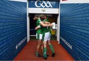 19 August 2018; Gearóid Hegarty, left, and Séamus Flanagan of Limerick hug as they leave the pitch with the Liam MacCarthy Cup after the GAA Hurling All-Ireland Senior Championship Final match between Galway and Limerick at Croke Park in Dublin.  Photo by Brendan Moran/Sportsfile