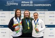 19 August 2018; Medallists in the Women's 100m Breaststroke SB8 event, from left, silver medallist Nuria Marques Soto of Spain, gold medallist Ellen Keane of Ireland, and bronze medallist Efthymie Gkouli of Greece, during day seven of the World Para Swimming Allianz European Championships at the Sport Ireland National Aquatic Centre in Blanchardstown, Dublin. Photo by David Fitzgerald/Sportsfile