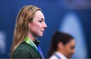 19 August 2018; Ellen Keane of Ireland during the playing of the National Anthem after being presented with her gold medal, won in the Women's 200m Medley SM9 event during day seven of the World Para Swimming Allianz European Championships at the Sport Ireland National Aquatic Centre in Blanchardstown, Dublin. Photo by David Fitzgerald/Sportsfile