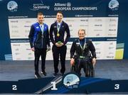 19 August 2018; Medallists in the Men's 400m Freestyle S7 event, from left, silver medallist Mark Malyar of Israel, gold medallist Michael Jones of Great Britain, and bronze medallist Andreas Skaar Bjornstad of Norway, during day seven of the World Para Swimming Allianz European Championships at the Sport Ireland National Aquatic Centre in Blanchardstown, Dublin. Photo by David Fitzgerald/Sportsfile