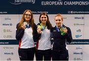 19 August 2018; Medallists in the Women's 200m Individual Medley SM14 event, from left, silver medallist Jessica Applegate, gold medallist Bethany Firth, and bronze medallist Louise Fiddes, all of Great Britain, during day seven of the World Para Swimming Allianz European Championships at the Sport Ireland National Aquatic Centre in Blanchardstown, Dublin. Photo by David Fitzgerald/Sportsfile