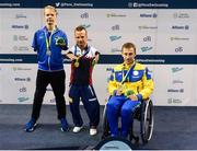 19 August 2018; Medallists in the Men's 50m Backstroke S4 event, from left, silver medallist Matz Topkin of Estonia, gold medallist Arnost Petracek of the Czech Republic, and bronze medallist Dmytro Vynohdrates of Ukraine, during day seven of the World Para Swimming Allianz European Championships at the Sport Ireland National Aquatic Centre in Blanchardstown, Dublin. Photo by David Fitzgerald/Sportsfile