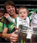 19 August 2018; 7-month-old Thomas Quaid and mother Alva celebrate with the Liam MacCarthy Cup following the GAA Hurling All-Ireland Senior Championship Final between Galway and Limerick at Croke Park in Dublin. Photo by Stephen McCarthy/Sportsfile