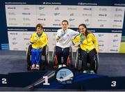 19 August 2018; Medallists in the Women's 50m Backstroke S4 event, from left, silver medallist Maryna Verbova of Ukraine, gold medallist Alexandra Stamatopoulou of Greece, and bronze medallist Olga Sviderska of Ukraine, during day seven of the World Para Swimming Allianz European Championships at the Sport Ireland National Aquatic Centre in Blanchardstown, Dublin. Photo by David Fitzgerald/Sportsfile