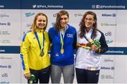 19 August 2018; Medallists in the Women's 50m Freestyle S13 from left, silver medallist Anna Stetsenko of Ukraine, gold medallist Carlotta Gilli of Italy, and bronze medallist Marian Polo Lopez of Spain, during day seven of the World Para Swimming Allianz European Championships at the Sport Ireland National Aquatic Centre in Blanchardstown, Dublin. Photo by David Fitzgerald/Sportsfile