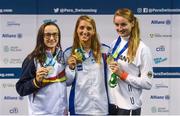 19 August 2018; Medallists in the Women's 100m Butterfly S12 from left, silver medallist Maria Delgado Nadal of Spain, gold medallist Alessia Berra of Italy, and bronze medallist Elena Krawzow of Germany, during day seven of the World Para Swimming Allianz European Championships at the Sport Ireland National Aquatic Centre in Blanchardstown, Dublin. Photo by David Fitzgerald/Sportsfile