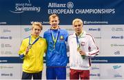 19 August 2018; Medallists in the Men's 50m Freestyle S13 from left, silver medallist Iaroslav Denysenko of Ukraine, gold medallist Dzmitry Salei of Belarus, and bronze medallist Stephen Clegg of Great Britain, during day seven of the World Para Swimming Allianz European Championships at the Sport Ireland National Aquatic Centre in Blanchardstown, Dublin. Photo by David Fitzgerald/Sportsfile
