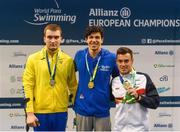 19 August 2018; Medallists in the Men's 50m Freestyle S9 from left, silver medallist Iurrii Bozhynskyi of Ukraine, gold medallist Simone Barlaam of Italy, and bronze medallist Jose Antonio Mari Alcaraz of Spain, during day seven of the World Para Swimming Allianz European Championships at the Sport Ireland National Aquatic Centre in Blanchardstown, Dublin. Photo by David Fitzgerald/Sportsfile