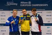 19 August 2018; Medallists in the Men's 200m Individual Medley SM14 from left, silver medallist Robert Isak Jonsson of Iceland, gold medallist Vasyl Krainyk of Ukraine, and bronze medallist Thomas Hamer of Great Britain, during day seven of the World Para Swimming Allianz European Championships at the Sport Ireland National Aquatic Centre in Blanchardstown, Dublin. Photo by David Fitzgerald/Sportsfile
