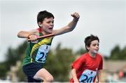19 August 2018; Fergal O'Toole of Tullow Grange, Co. Carlow, celebrates winning the U10 & O8 Mixed Relay event during day two of the Aldi Community Games August Festival at the University of Limerick in Limerick. Photo by Sam Barnes/Sportsfile