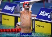 19 August 2018; Yaroslav Semenenko of Ukraine celebrates after winning the finals of the Men's 50m Butterfly S5 event during day seven of the World Para Swimming Allianz European Championships at the Sport Ireland National Aquatic Centre in Blanchardstown, Dublin. Photo by David Fitzgerald/Sportsfile