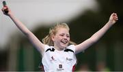 19 August 2018; Grainne Moran of St Josephs, Co. Louth, celebrates winning the U12 & O10 Girls Relay event during day two of the Aldi Community Games August Festival at the University of Limerick in Limerick. Photo by Sam Barnes/Sportsfile