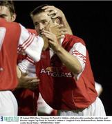 25 August 2003; Dave Freeman of St. Patrick's Athletic, celebrates after scoring his sides first goal during the Eircom League Cup Final match between St. Patrick's Athletic and Longford Town at Richmond Park, Dublin. Picture credit; David Maher / SPORTSFILE