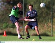 4 October 1999; Steve Staunton in action with Kenny Cunningham during Republic of Ireland training at Clonshaugh, Dublin. Soccer. Picture credit; David Maher/SPORTSFILE