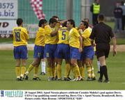 28 August 2003; Apoel Nicosia players celebrate Costakis Maleko's goal for during the UEFA Cup qualifying round second leg between Derry City and Apoel Nicosia at the Brandywell, Derry. Photo by Matt Browne/Sportsfile