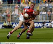 31 August 2003; Michael Shields, Cork in action against Dublin's John Coughlan in the All-Ireland Minor Football Championship Semi-Final between Dublin and Cork at Croke Park, Dublin. Picture credit; Damien Eagers / SPORTSFILE
