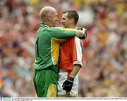 31 August 2003; Donegal goalkeeper Tony Blake pictured with Armagh's Steven McDonnell during the Bank of Ireland All-Ireland Senior Football Championship Semi-Final between Armagh and Donegal at Croke Park in Dublin. Photo by Ray McManus/Sportsfile