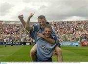 31 August 2003; Ian Ward, top, and John Coughlan celebrate after the game in the All-Ireland Minor Football Championship Semi-Final between Dublin and Cork at Croke Park, Dublin. Picture credit; Damien Eagers / SPORTSFILE