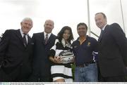 3 September 2003; John Hussey, Chairman, Celtic League, left, Keith Granger, Tournament Director, Celtic League, 2nd from left, model Tania Alvarez, Garry Ella, Leinster coach and Rory Sheridan, Guinness Ireland at the announcement that Guinness are to the Official Beer to the Celtic League. Picture credit; Brendan Moran / SPORTSFILE
