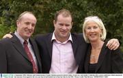 2 September 2003; Munster and Ireland hooker Frankie Sheahan pictured with his father, Frank Snr, and mother Catherine after a press conference which announced the outcome of an appeal to the two year ban he had handed out to him last July by the ERC. Photo by Matt Browne/Sportsfile