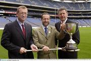 2 September 2003; Tom Rock, Chairman Kilmacud Crokes seven a side organising committee, GAA President Sean Kelly and Billy Finn, Director AIB, at the launch of the AIB Kilmacud Crokes All-Ireland Hurling Sevens 2003 in Croke Park, Dublin. Picture credit; Ray McManus / SPORTSFILE *EDI*